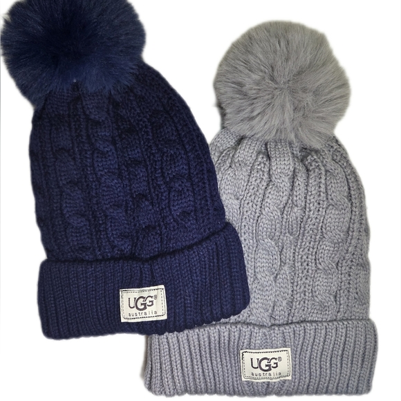 UGG Accessories - UGG Navy and Light Gray Pom-Pom Beanie Set